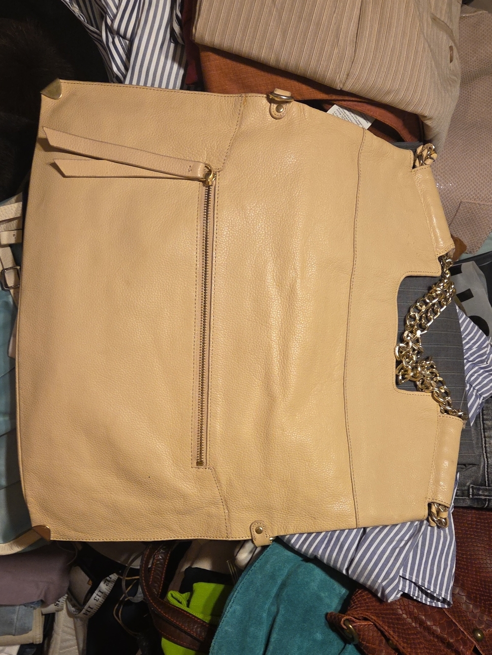 Folt + Corrina Brand,  beige leather shoulder tote with gray logo-print lining